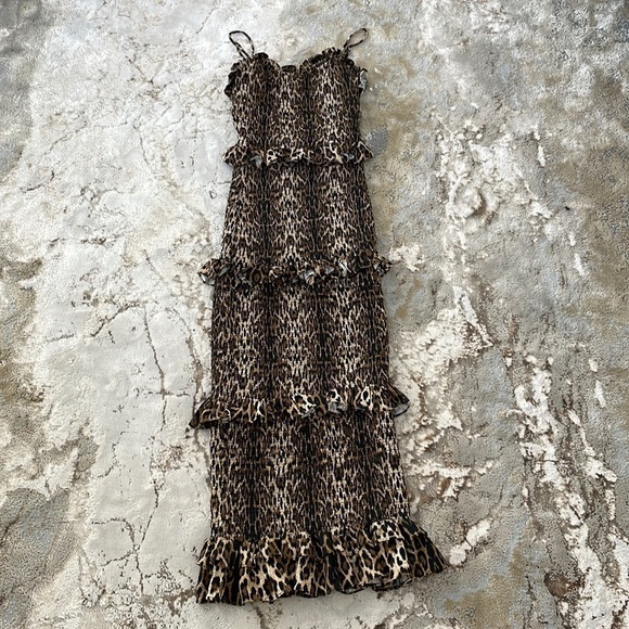 Bebe Smocked Ruffled Animal Print Midi Body Con Dress - Picture 5 of 5